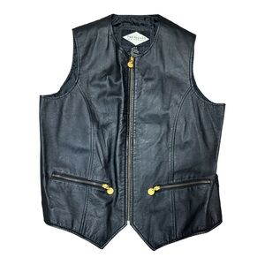 VTG The Avenue Women’s Black Leather Motorcycle Biker Vest Zip Pockets Sz 14/16
